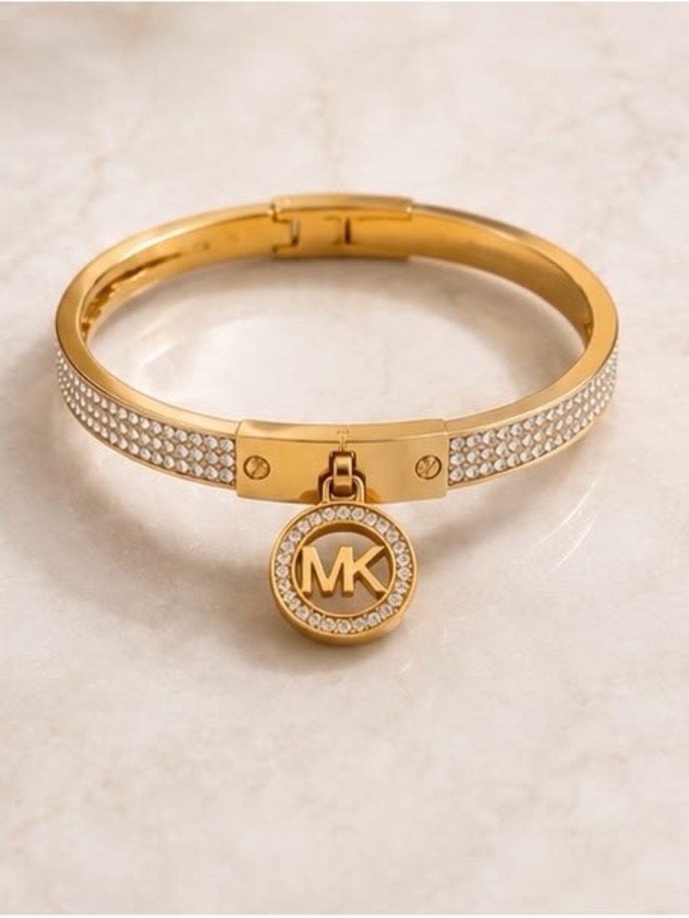 Michael Kors Gold Crystal Pavé MK Charm Bangle Bracelet